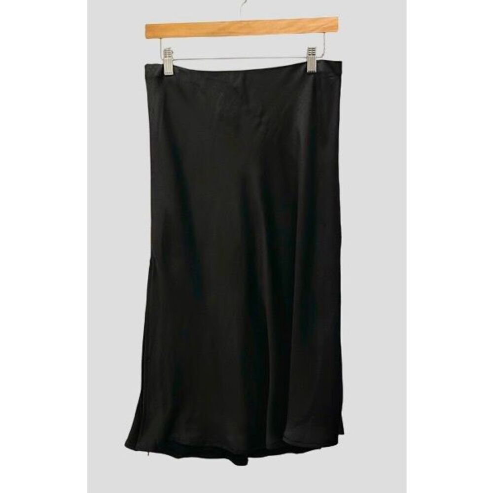 Ee:some USA Women’s Flat Front Pull On Side Slit‎ Satin Flared Skirt Black Large